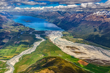New Zealand. South Island, Otago region. The nothern end of Lake Wakatipu and Glenorchy settlement. There is Humboldt Mountains on the right side