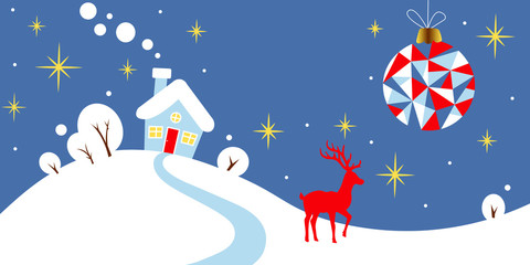 Fototapeta na wymiar Merry Christmas holiday background. Christmas night, white snow, stars, a house with trees and deer in cold colors. Vector illustration. EPS 10
