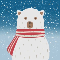 Polar White Bear with Scarf. Falling Snow Background. Winter/Merry Christmas Collection. Vector Illustration.