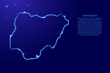 Fototapeta premium Nigeria map from the contour classic blue color brush lines different thickness and glowing stars on dark background. Vector illustration.