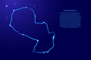 Paraguay map from the contour classic blue color brush lines different thickness and glowing stars on dark background. Vector illustration.