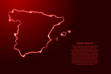 Spain map from the contour red brush lines different thickness and glowing stars on dark background. Vector illustration.