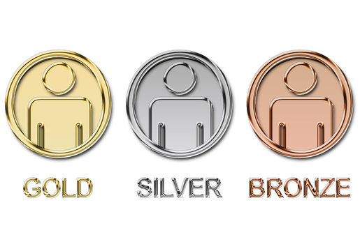 Ilustraci&oacute;n de iconos met&aacute;licos de oro, plata y bronce en ingl&eacute;s.