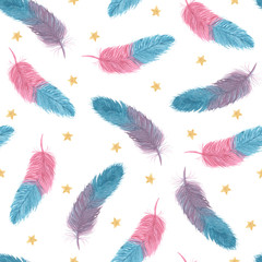 Seamless simple watercolor pattern with blue, purple and pink bird feathers  and gold stars on a white background. Hand drawing. For greeting cards, Wallpaper, textiles, gift paper, wedding.