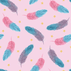 Seamless simple watercolor pattern with blue, purple and pink bird feathers  and gold stars on a pink background. Hand drawing. For greeting cards, Wallpaper, textiles, gift paper, wedding.