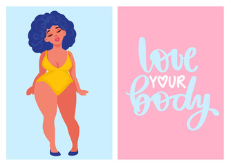 Body positive vector cards. Plus size Woman dressed in swimsuits.