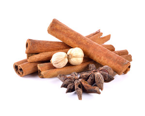 cinnamon sticks, anise star and nutmeg isolated on white background