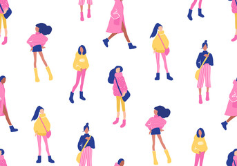 Vector seamless pattern with young women in modern style. Young People background.