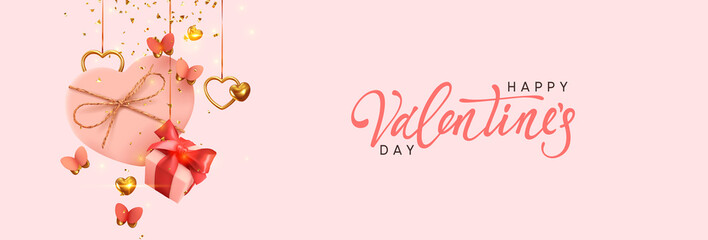Valentine's Day. Background with realistic festive gifts box. Romantic present. pink boxes with red ribbon gift surprise, Golden 3d hearts, glitter gold confetti. Decorative flying butterflies