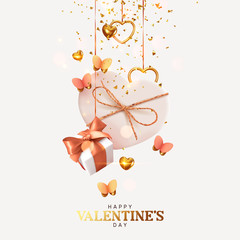 Valentine's Day. Background with realistic festive gifts box. Romantic present. white boxes with beige ribbon gift surprise, Golden 3d hearts, glitter gold confetti. Decorative flying pink butterflies