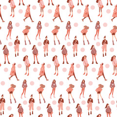 Vector seamless pattern with young women in modern style. Young People background.