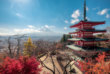 View of Mount Fuji with Chureito Pagoda in autumn garden