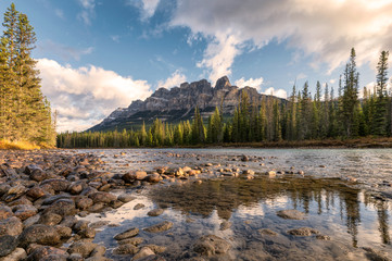 Sunrise on Castle mountain with bow river in autumn at Banff national park