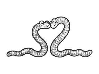 Worm love couple hug sketch engraving vector illustration. T-shirt apparel print design. Scratch board style imitation. Black and white hand drawn image.