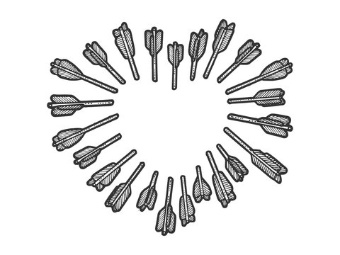 Arrows stuck in shape of heart symbol sketch engraving vector illustration. Romantic love lovesickness symbol. Tee shirt apparel print design. Scratch board imitation.