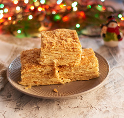 stack of slices of Napoleon cake made of puff pastry and butter cream
