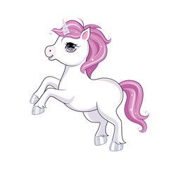 Cute little unicorn character over pink round background. Vector.