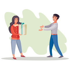 girl gives a guy a box with a gift, surprise, joy, holiday, birthday, vector illustration