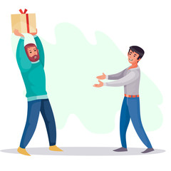 Fototapeta premium man gives a guy a box with a gift, surprise, joy, holiday, birthday, vector illustration
