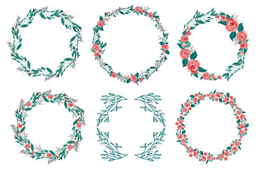 Set of hand drawn scandinavian style floral frames with roses and leaves and berries for invitations, cards, posters, wedding stationery decoration. Spring and summer elegant floral wreaths isolated 