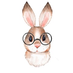 Little bunny with glasses. Cute watercolor illustration