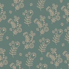 Seamless vintage floral pattern. Stylized bouquets of flowers on a dark green background. Outline vector illustrations.