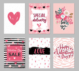 Set of Valentine's day greeting cards with hand writtenlettering and decorative textured brush strokes on background. Happy Valentine's day, Love you words,vector illustration scandinavian style