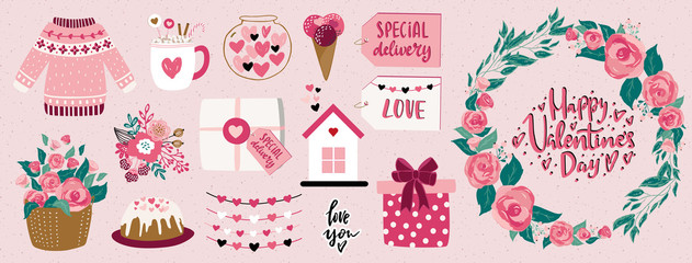 Valentine's day cute vector illustrations, floral wreath and hand drawn lettering typography set.