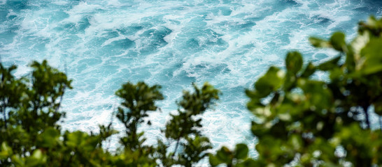 (Selective focus) View from above, stunning aerial view of some ocean waves in the background and blurred lush vegetation in the foreground. Indian Ocean, South Bali, Indonesia.