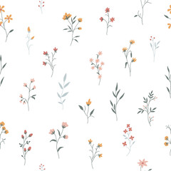 Seamless pattern with cute flowers and plants on a transparent background. Vector illustration for wallpapers, cards or fabric.