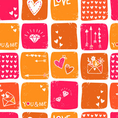 Cute hand drawn Valentine's Day seamless pattern, romantic doodles background with hearts, arrows, diamonds and type - great for textiles, wrapping, banner, cards, wallpaper, vector design