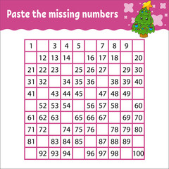 Paste the missing numbers. Handwriting practice. Learning numbers for kids. Education developing worksheet. Activity page. Game for children. Isolated vector illustration in cute cartoon style.