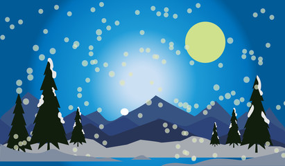 winter landscape with trees and full moon
