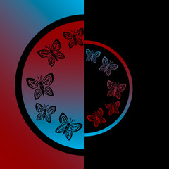 Black butterflies on red and blue blurred background