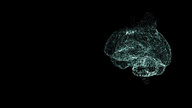 Green brain shape connection of shining particles lavitating over black background.