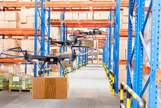 Industrial stock storage products storage system by drone unmanned aircraft.Distribution through the drone system, Warehouse storage of retail merchandise shop.