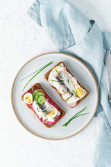 Savory smorrebrod, two traditional Danish sandwiches. Black rye bread with anchovy, beetroot, radish, eggs, cream cheese on grey plate on a white stone table, top view, vertical