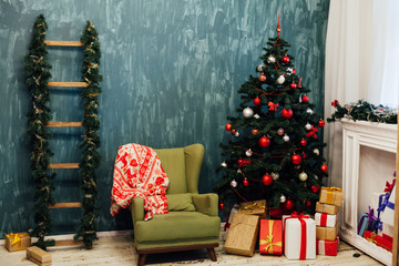 Christmas tree with gifts decor for the new year lights garlands