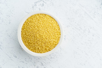 Millet, bulrush in white bowl on white background. Lectine free, dried cereals in cup, vegan food, fodmap diet. Top view, close up.