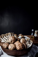 mushrooms set place wooden cup on the table