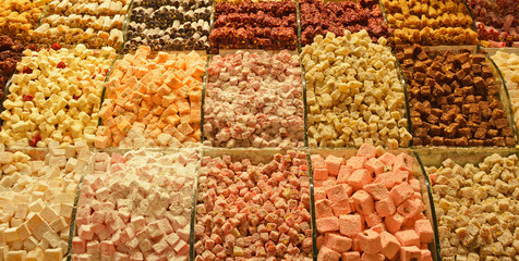 Turkish Delight on display outside a shop in the historic Egyptian Spice Bazaar in Eminonu, Fatih, Istanbul, also known as Misir Carsisi