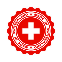 Stamp with text made in Switzerland. Logo Swiss quality. Swiss flag in centre circle. Icon premium quality. Label made in Switzerland. Vector illustration
