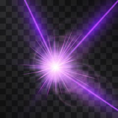 Laser beam light effect, burning explosion isolated on transparent background. Vector neon cold purple energy, glowing ray with lens flare.  Hi tech modern shining design element for text ads, posters