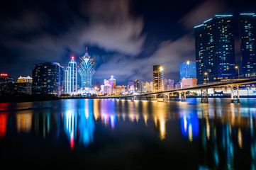 Macau Peninsula, Macau, China, December 2019, Casino Buildings Night View