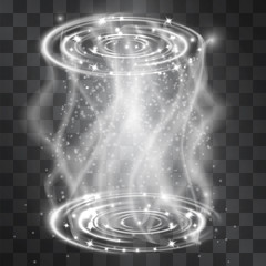 Foggy waves portal funnel light silver white effect. Vector glowing swirling vortex cylinder of shining stardust sparkles on transparent background. Glittering flashes of magical pedestal illumination