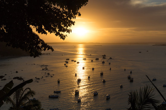 View of wonderful sunset in Morro de Sao Paulo, Bahia, Brazil. Hill.
