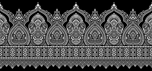 Cotton fabric Seamless traditional Asian black and white paisley border
