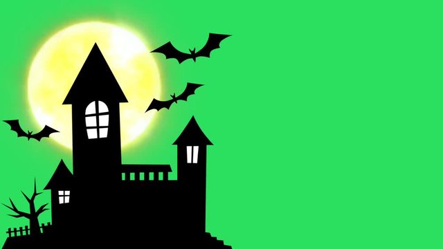 Animation silhouette Black Castle with yellow moon on green background.