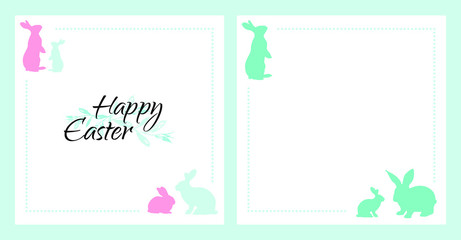 White Easter greeting card with green, blue and pink bunnies