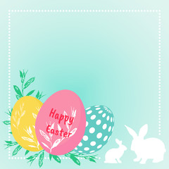 Green Easter greeting card with eggs and bunnies